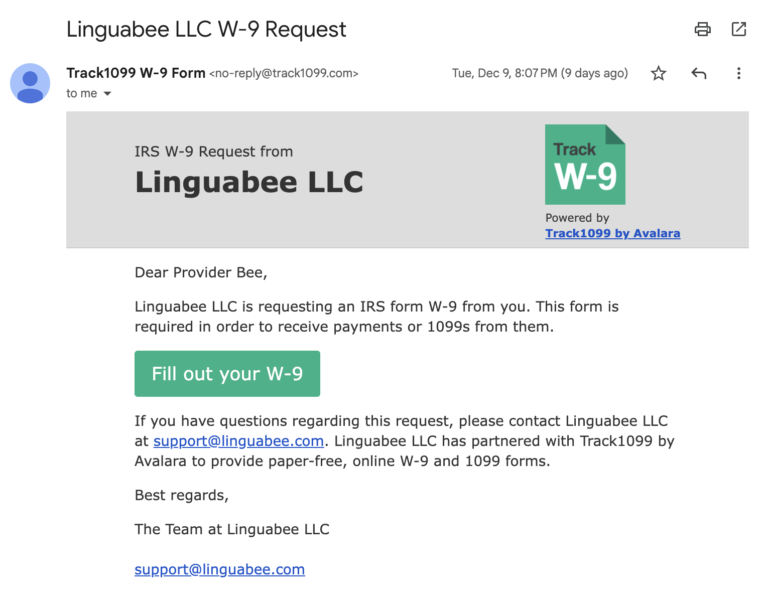 Example W-9 request email from Track1099